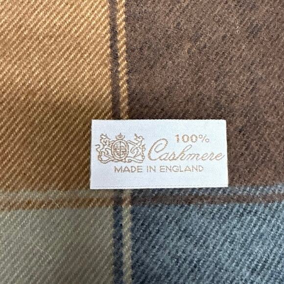 100% Cashmere Scarf Pashmina Blue Brown Plaid 62” x 12” Soft Luxury 3” fringe - Picture 3 of 4